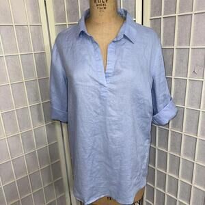 Go Fish Designer Luxury 100% Linen Blue Minimalist Casual Blouse Size Medium